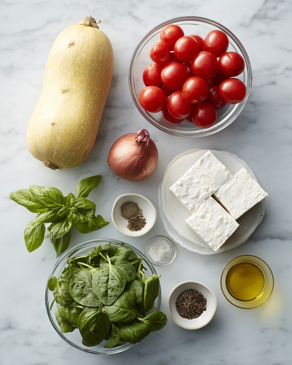 The image shows fresh ingredients arranged on a white marbled surface, including a whole pale yellow spaghetti squash on the left, a transparent bowl filled with bright red cherry tomatoes at the top center, and a single shallot with purplish-brown skin beside it. Below the shallot, a small cluster of fresh green basil leaves rests. A small white dish holds four types of seasoning: salt, black pepper, dried herbs, and garlic powder. On the lower left, there is a clear bowl filled with fresh dark green spinach leaves. At the bottom center, a clear bowl contains two blocks of white feta cheese with a firm texture. Finally, on the right, a small glass container holds a golden liquid, likely olive oil. Photo taken with an iphone --ar 4:5 --v 7