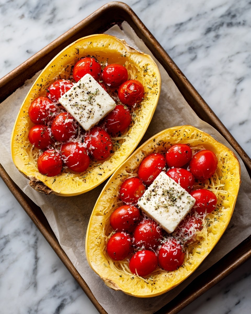 Two halves of a light yellow spaghetti squash are placed side by side on a baking tray lined with parchment paper, which sits on a white marbled surface. Each squash half is hollowed out and filled with small, bright red cherry tomatoes, arranged in a single layer. On top of the tomatoes in each half lies a small block of soft white cheese seasoned with ground black pepper. The dish is lightly sprinkled with grated cheese and herbs, adding a final touch of texture and color. Photo taken with an iphone --ar 4:5 --v 7