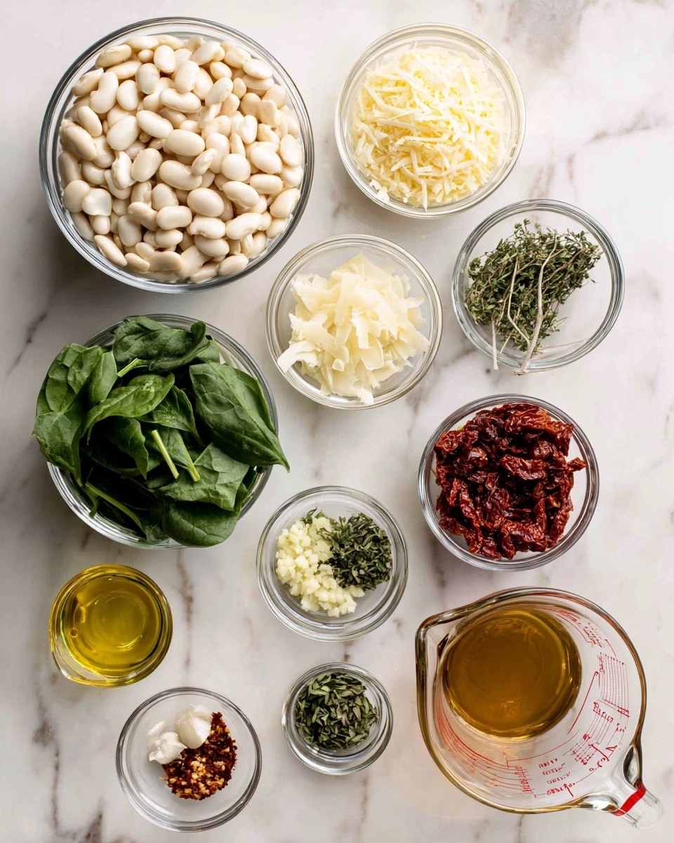 A top down view of clear round glass bowls and a glass measuring cup placed on a white marbled surface, holding various ingredients: a large bowl filled with white beans takes the top left position, to its right is a smaller bowl with light yellow grated cheese, and below that a bowl with chopped sun-dried tomatoes. Below the beans, several smaller bowls are arranged with minced garlic, chopped green herbs, and fresh thyme leaves, as well as a bowl with red chili flakes. On the left bottom corner is a bowl filled with fresh dark green spinach leaves, near the center is a small glass container with golden olive oil, and at the bottom is a bowl with white cream. To the bottom right is a glass measuring cup filled with light brown broth. All containers are transparent, showcasing the texture and colors of the ingredients clearly, photo taken with an iphone --ar 4:5 --v 7