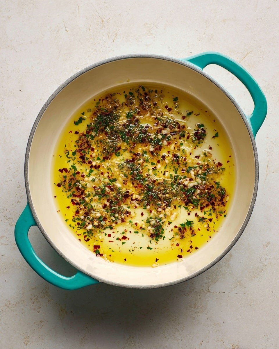 A white pot with teal handles sits on a white marbled surface, containing a shallow layer of light yellow oil mixed with small clumps of finely chopped garlic, herbs, and red pepper flakes. The garlic and herbs show slight browning in some areas, creating small dark brown spots, while the oil glistens around them. The pot’s inside is smooth and cream-colored, contrasting with the bright teal handles. photo taken with an iphone --ar 4:5 --v 7