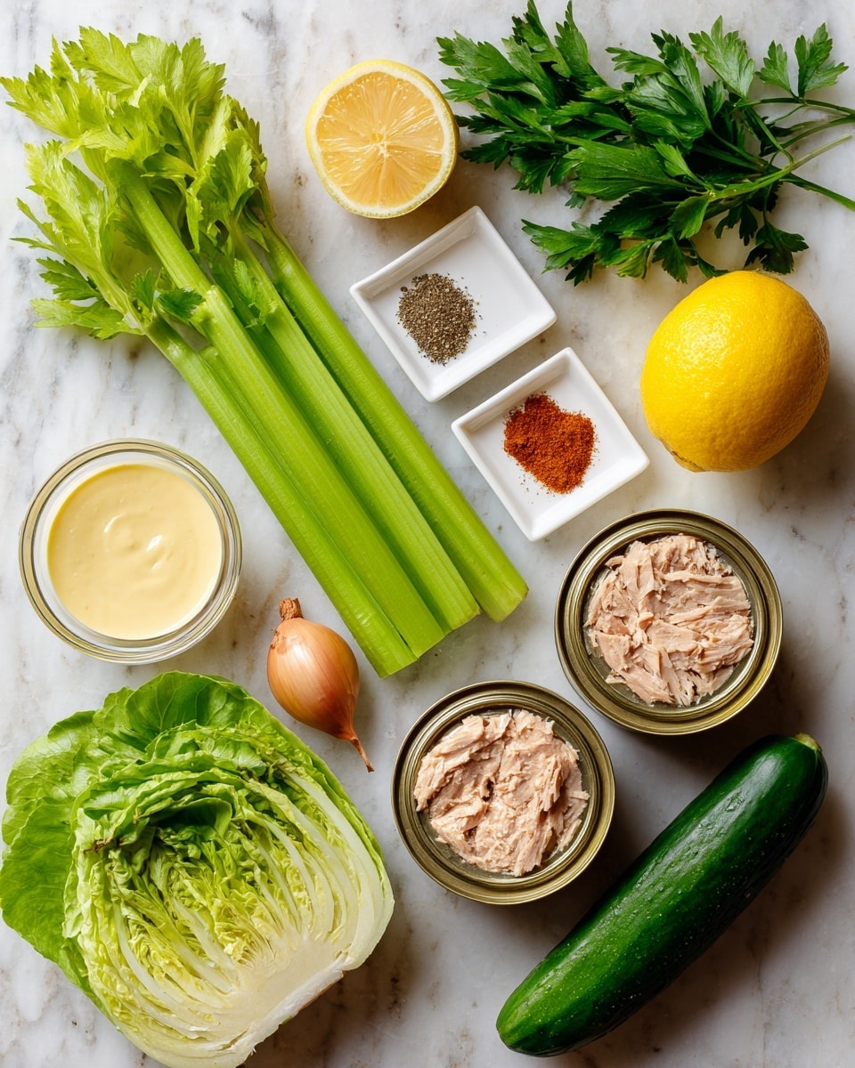The image shows fresh ingredients laid out on a white marbled surface, including two long bright green celery stalks placed vertically side by side, a half yellow lemon positioned near the center, and two open cans of light beige tuna next to each other on the right. A small white square dish contains four different spices: reddish-brown, white, light brown, and black specks, while next to it is a small glass bowl of smooth pale yellow mustard. Another glass bowl nearby holds a creamy light yellow mayonnaise. On the left side, there is a whole light brown shallot and a large vibrant green romaine lettuce heart. Below the lemon, fresh green parsley sprigs create a small cluster, and to the far right, a long dark green cucumber lays diagonally. photo taken with an iphone --ar 4:5 --v 7