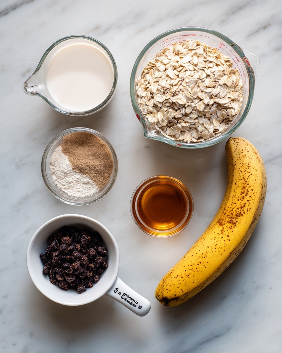 The image shows six ingredients laid out on a white marbled surface: a half-full clear measuring cup with white liquid, a white measuring cup with rolled oats full to the top, a small clear bowl with white powder, a small clear bowl with light brown powder, a small clear glass container with amber liquid, a ripe yellow banana with brown spots, and a white measuring cup filled with small dark purple berries. Everything is neatly arranged with space around each item, and the measuring cup handles have brand names visible. photo taken with an iphone --ar 4:5 --v 7