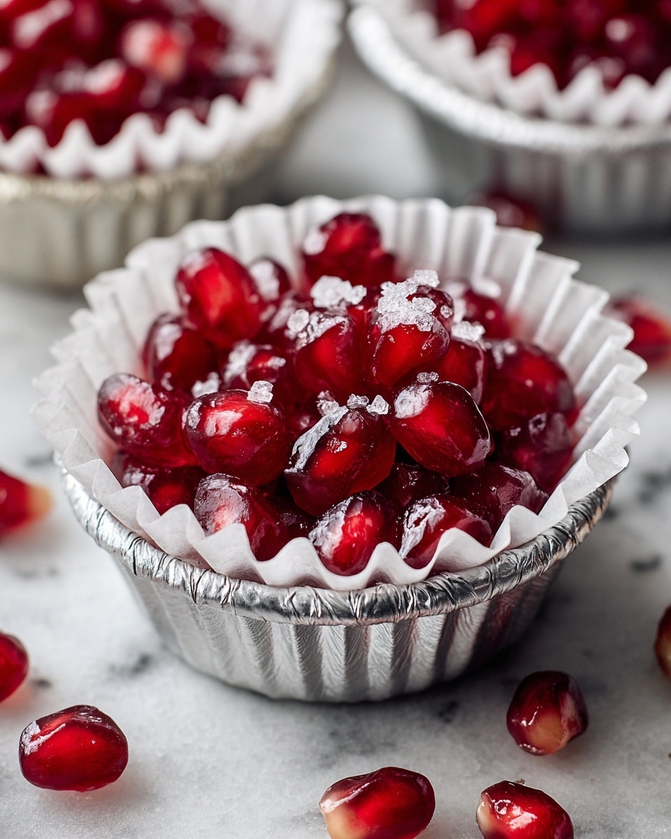 Three round clusters of deep red pomegranate seeds mixed with dark chocolate pieces are arranged on a white plate. Each cluster is dense with shiny, juicy seeds that show slight translucence, layered closely with rough, textured dark chocolate bits. Light sprinkles of coarse white salt crystals are scattered on top, adding a sparkling contrast. The plate sits on a surface with a white marbled texture. photo taken with an iphone --ar 4:5 --v 7