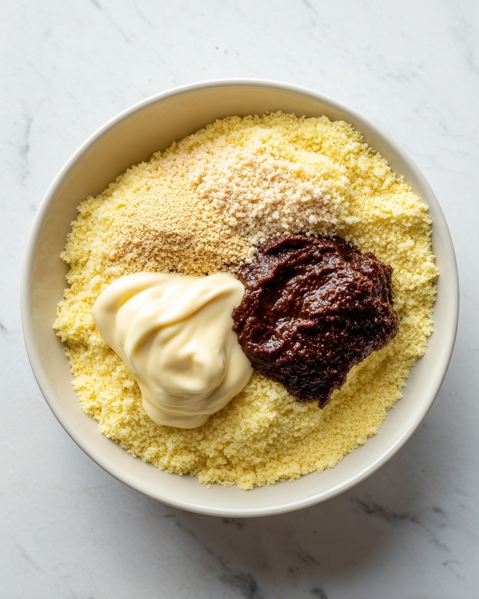 In a white bowl placed on a white marbled surface, there are several ingredients layered separately. The largest layer is light yellow fine crumbs that cover most of the bowl's bottom and edges. On top of these crumbs, towards the center, there is a dark brown thick paste. Next to this, there is a small pile of grainy beige powder. On one side of the bowl, there is a dollop of pale yellow mustard mixed with creamy white mayonnaise. The colors and textures contrast clearly, with the crumbs looking dry and grainy, the paste smooth and thick, and the sauces creamy and soft. Photo taken with an iphone --ar 4:5 --v 7