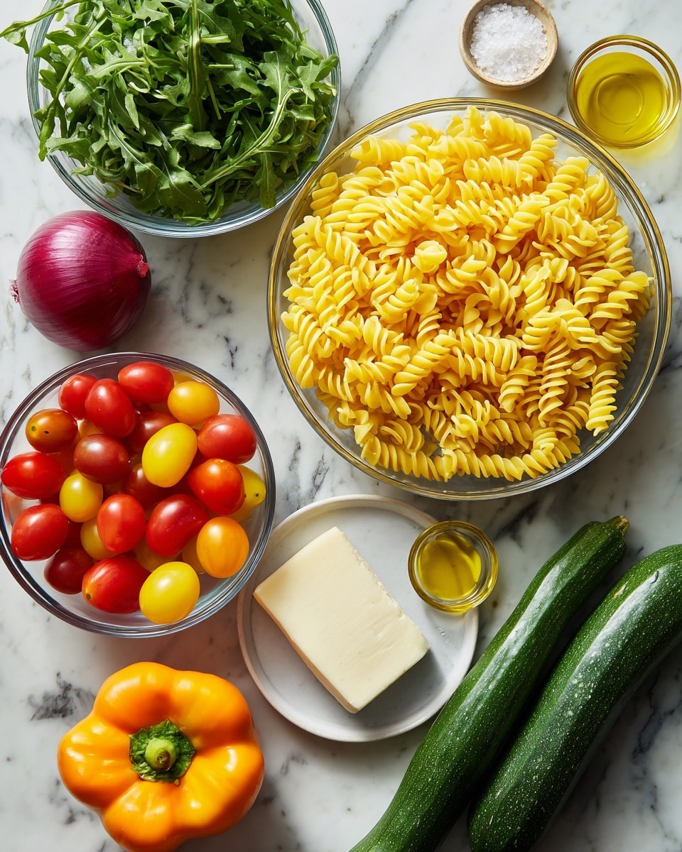 There is a top view of fresh ingredients on a white marbled surface, including a large clear bowl filled with yellow spiral pasta positioned at the top center. To the left is another glass bowl full of green arugula leaves, and below it, a smaller glass bowl holds various colorful grape tomatoes in red, yellow, and orange shades. Near the bottom right are two long green zucchinis next to an orange bell pepper. A round white plate sits in the middle with a rectangular block of white cheese, a small glass dish containing yellow olive oil, a tiny bowl of white salt, and a whole yellow lemon. A whole red onion is positioned on the left side, almost touching the arugula bowl. The photo taken with an iphone --ar 4:5 --v 7