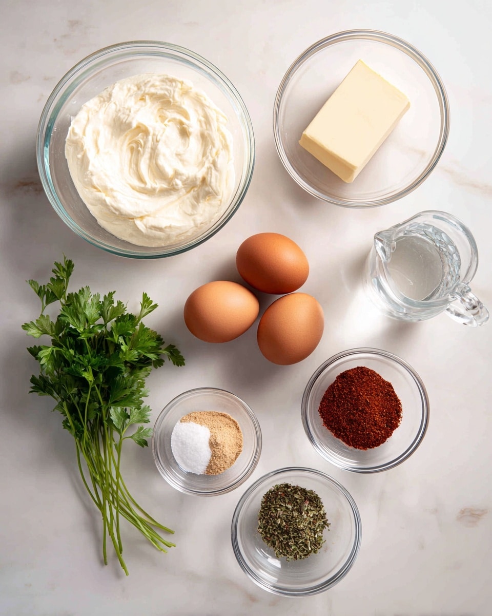 The image shows ingredients neatly arranged on a white marbled surface. There are four brown eggs placed together in the center-right. At the top left, a large clear bowl holds a thick white creamy mixture. To its right, another clear bowl contains a small block of pale yellow butter. Below the eggs, there are three small clear bowls: one with white and light brown powders, another with a mix of red and brown spices, and one with dried green herbs. At the bottom right, a small clear glass pitcher with a handle holds a clear liquid. A small bunch of fresh green parsley leaves is placed on the far left. Photo taken with an iphone --ar 4:5 --v 7