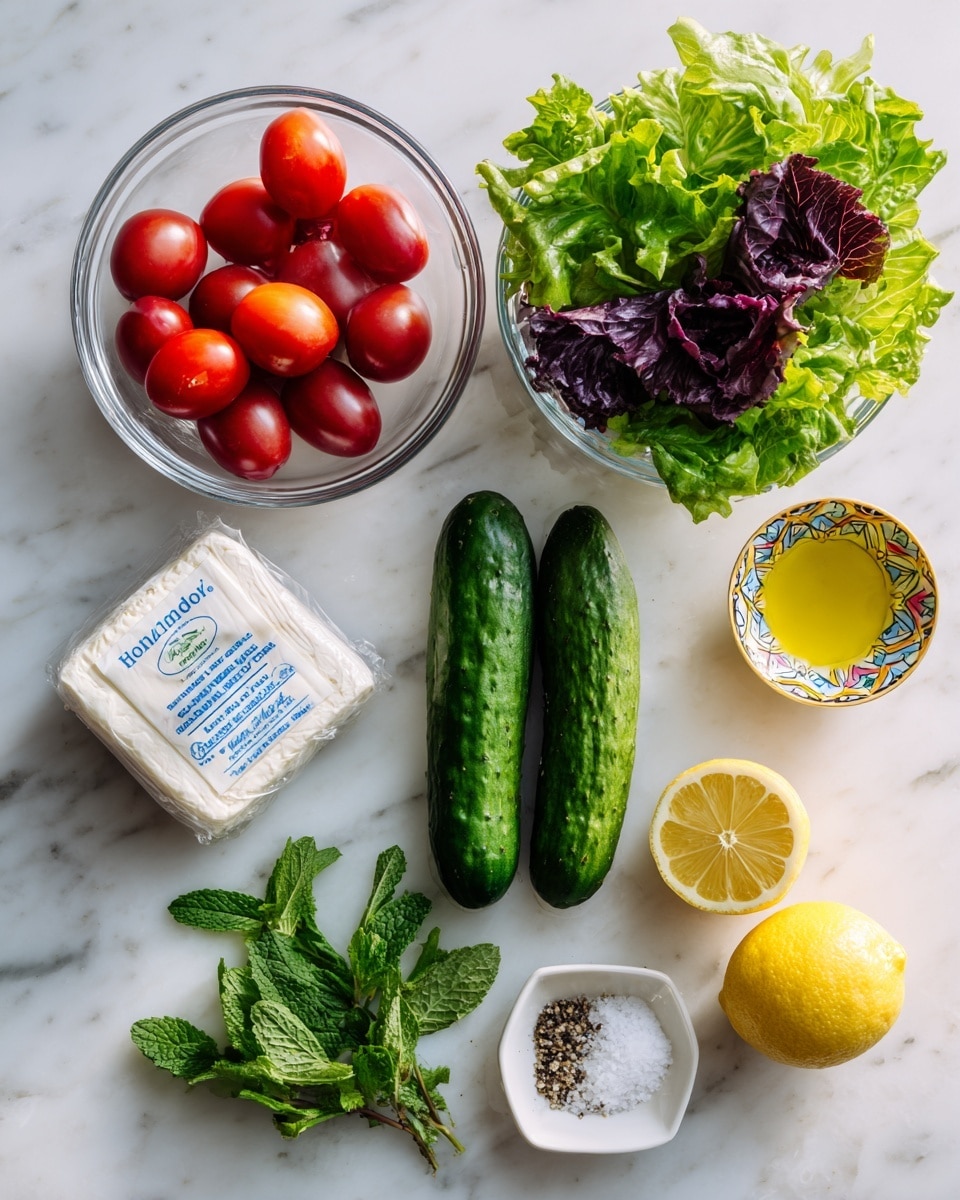 The image shows fresh salad ingredients arranged on a white marbled surface. There is a clear glass bowl filled with green and purple leafy lettuce on the top right. Below it, another glass bowl holds bright red grape tomatoes. Three small green cucumbers are placed vertically in the center. Near the cucumbers is a wrapped block of Halloumi cheese with a white and blue label. On the bottom right are two lemon halves, fresh green mint leaves, and a small clove of garlic. On the top left, a small white square dish contains coarse salt and black pepper, and a small round bowl with a decorative pattern holds golden olive oil. The scene is bright and clean with natural light coming from above. Photo taken with an iphone --ar 4:5 --v 7