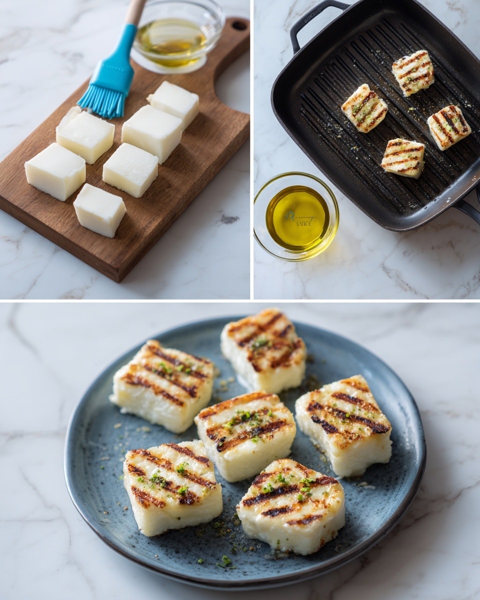 The image shows three stages of making grilled cheese pieces. The first part has about ten raw white cheese slices placed on a small wooden cutting board, with a blue silicone brush next to them and a glass bowl of oil nearby on a white marbled surface. The second part shows the cheese slices turned golden-brown with dark grill lines while cooking on a dark grill pan with a handle, on the same white marbled surface. The third part shows the cooked cheese pieces arranged on a round dark plate, garnished with small green herb pieces on top, all placed on the white marbled background. Photo taken with an iphone --ar 4:5 --v 7