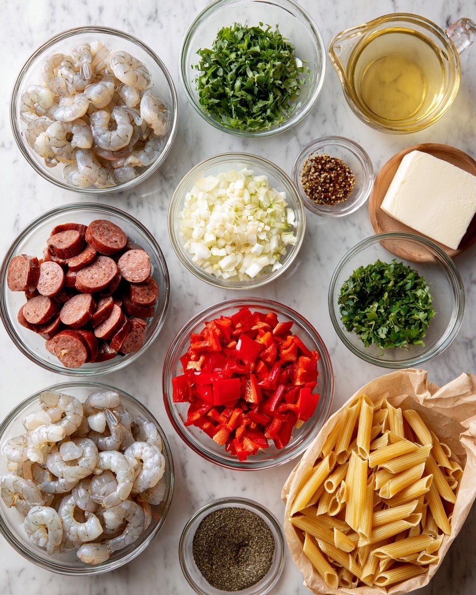 A top-down view of clear glass bowls arranged on a white marbled surface, each filled with different raw ingredients for cooking; one bowl holds raw white and gray shrimp with tails, another has sliced reddish-brown sausage pieces, a bowl of red diced bell peppers, one with white chopped onions, and one containing fresh green chopped herbs. Smaller clear bowls hold minced garlic, greenish olive oil, and a dark spice mix. A white bowl with a block of off-white cheese, a bowl of white cream, and a clear measuring cup filled with light golden broth complete the arrangement. A beige paper bag of organic penne rigate pasta sits on the far side, slightly open to show the golden pasta inside. Photo taken with an iphone --ar 4:5 --v 7
