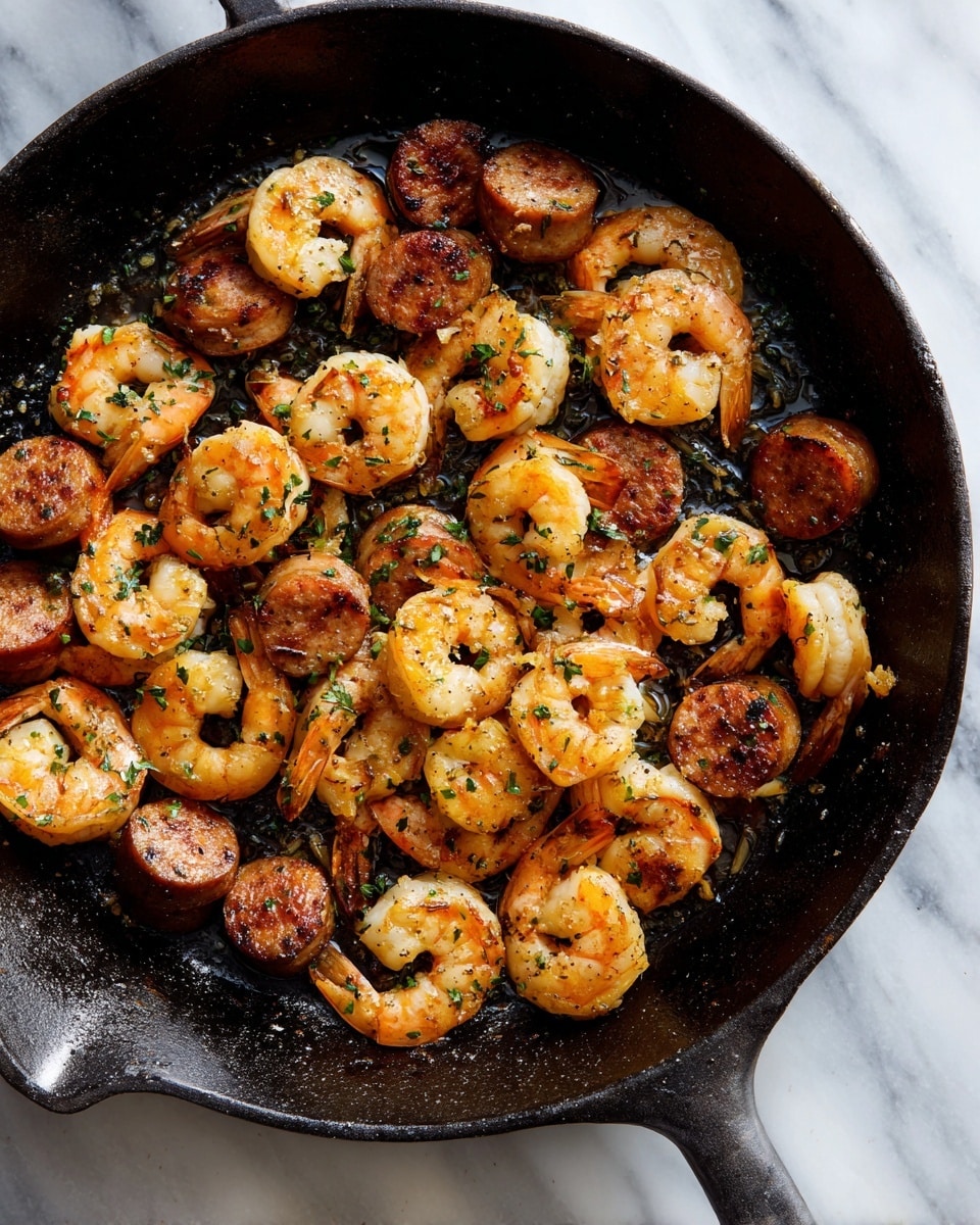 A black cast iron skillet sits on a white marbled surface, filled with cooked shrimp and sliced sausage. The shrimp are orange with slight char marks, arranged in a loose, scattered layer across the pan. The sausage pieces are round, medium brown with a slightly crispy texture on the edges, mixed evenly with the shrimp. The skillet has a rough, used texture with some cooking residue visible. photo taken with an iphone --ar 4:5 --v 7