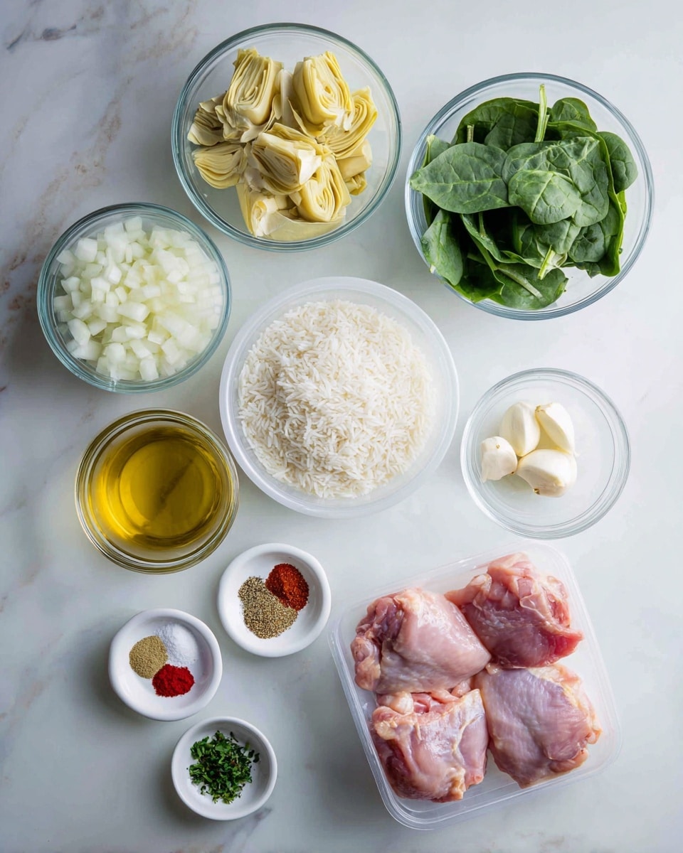 The image shows an arrangement of cooking ingredients on a white marbled surface, each in clear glass or white bowls or containers. Starting from the bottom right, there are four raw, pink chicken thighs in a clear plastic container. To their left, a small clear glass bowl holds a golden liquid, and next to it is a clear glass container of olive oil. Above these, a clear glass bowl contains white rice, and to the left of it, a bowl is filled with diced white onions. Above the onions is a larger clear glass bowl with pale yellow artichoke hearts. To the right of the rice, another large clear glass bowl holds fresh green spinach leaves. Above the spinach, a small clear bowl contains minced garlic. Above that, a white bowl has an array of five different spices, including white salt, red paprika, and green herbs in separate small piles. Near the center bottom is a tiny white bowl of chopped green herbs. The whole setup is clean and neatly ordered, ready for cooking preparation, photo taken with an iphone --ar 4:5 --v 7