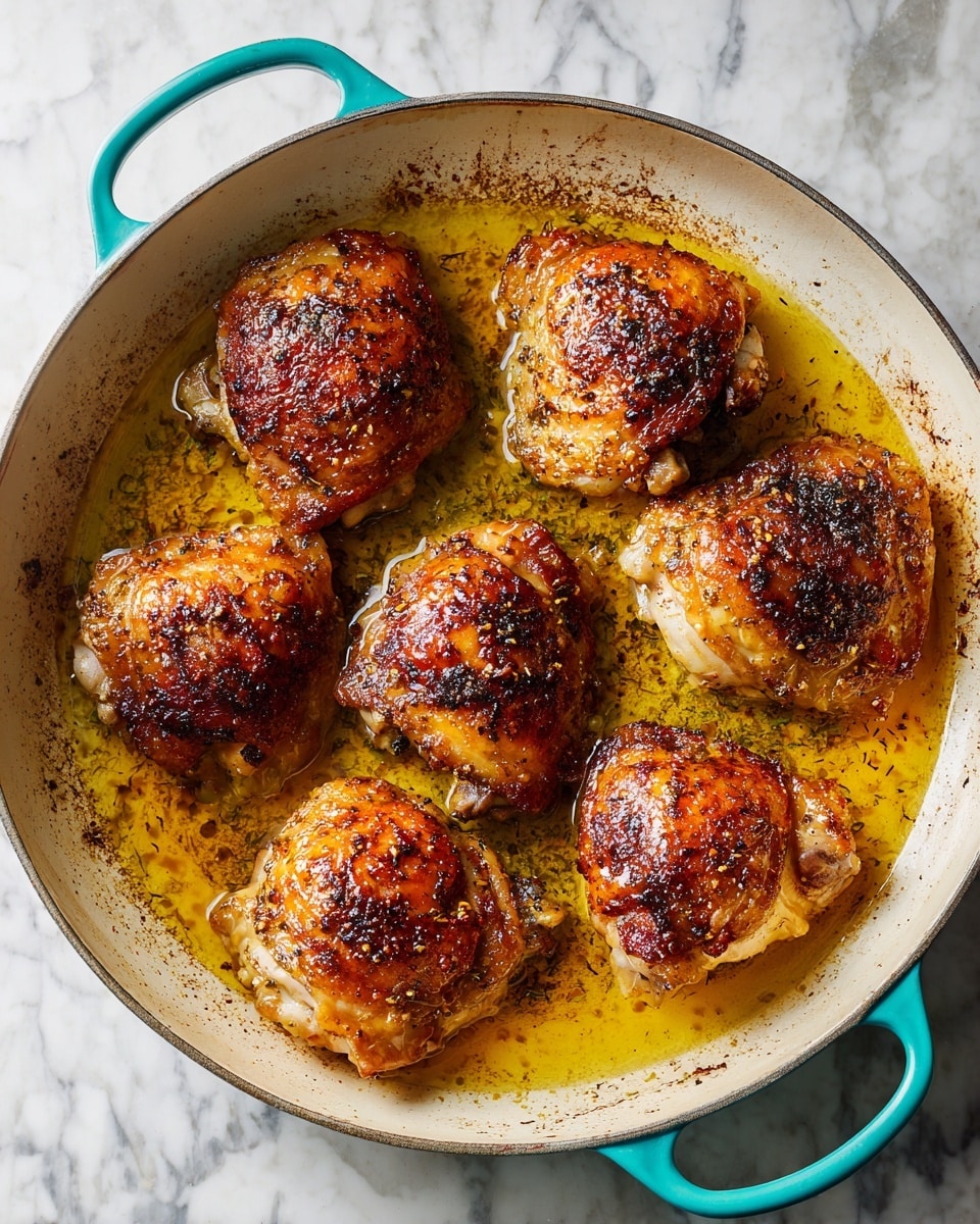 A round white pan with turquoise handles holds five pieces of cooked chicken thighs arranged in a loose circle, each piece browned with crispy skin and sitting in a pool of golden cooking oil. The chicken thighs show a mix of light and dark brown colors with some spices on top, and the white pan contrasts with the golden oil and the cooked chicken. The background is a white marbled texture. photo taken with an iphone --ar 4:5 --v 7