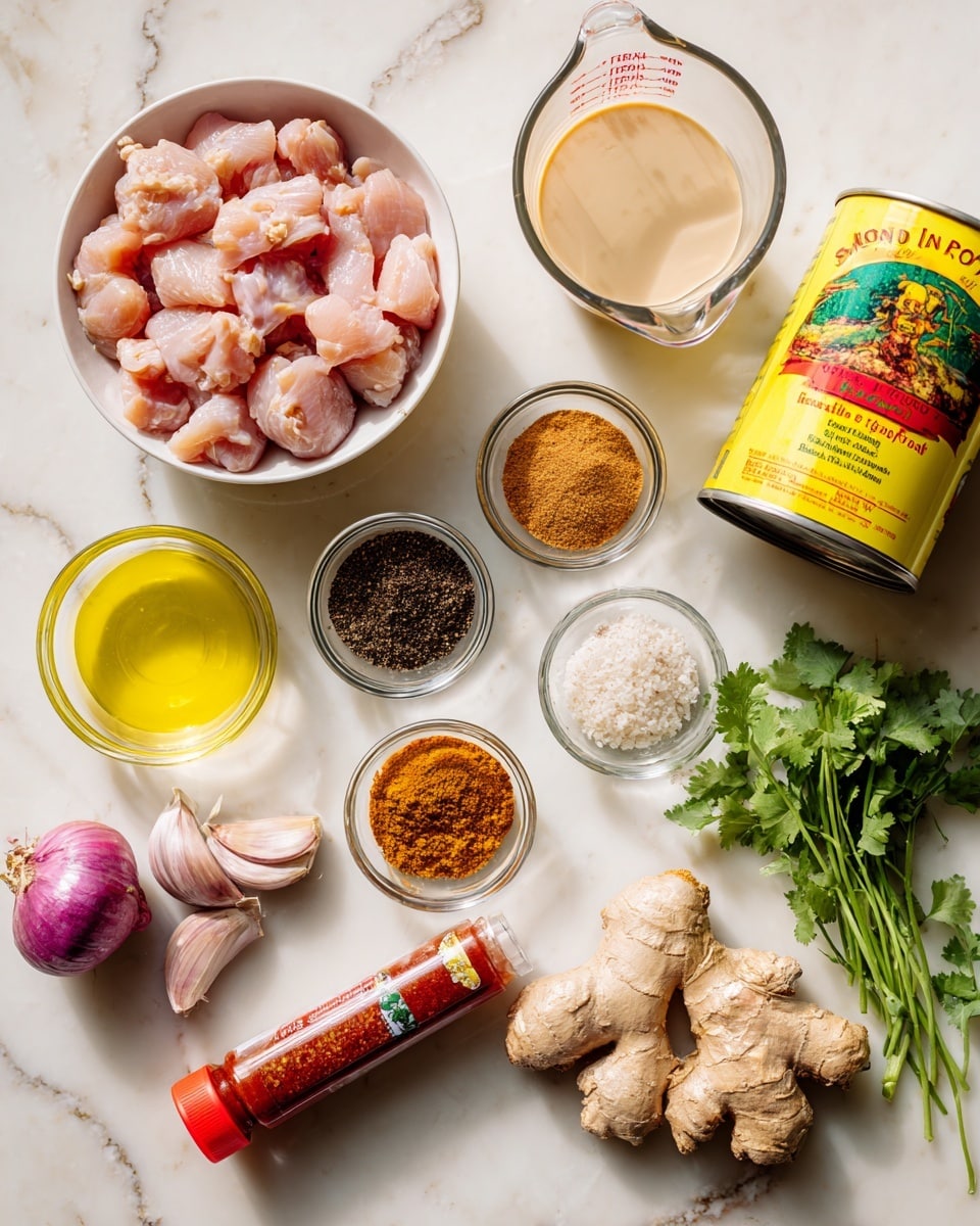 A white bowl filled with small pieces of raw light pink chicken sits at the top left, next to a clear measuring cup of creamy light beige liquid on the right. Below them is a yellow can of crushed tomatoes with a bright red label and green details, tilted slightly. Around these main items are small glass bowls of spices, one with dark brown powder, another with a mix of orange, black, and brown spices, and a third with a white granular substance. A small clear bowl with light yellow oil sits next to the white bowl of chicken. There is a tube of tomato paste with a red cap lying flat on a white marbled surface at the bottom left. Near the tube are four garlic cloves with purple and white skins, a knobby piece of ginger root, two brown shallots, and some green sprigs of cilantro on the right. Photo taken with an iphone --ar 4:5 --v 7