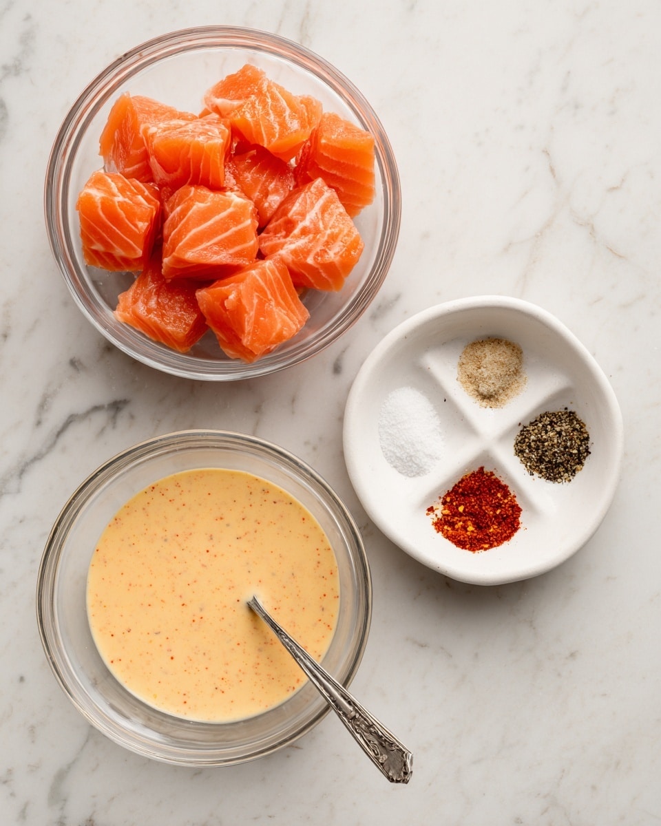 The image shows three items on a white marbled surface: a clear glass bowl at the top left filled with fresh, orange salmon cubes with visible white lines, a smaller white bowl at the top right divided into four sections holding white salt, light beige garlic powder, black pepper, and red paprika, and a larger clear glass bowl at the bottom with creamy light orange sauce with red specks and a silver spoon inside. Photo taken with an iphone --ar 4:5 --v 7