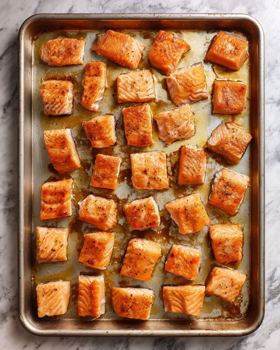A silver baking tray filled with many small pieces of cooked salmon. The salmon pieces are golden brown with a slightly crispy outside and are arranged in neat rows across the tray. The tray shows some spots of cooked oil around the salmon pieces, and the metal has light signs of browning from cooking. The background surface is a white marbled texture. photo taken with an iphone --ar 4:5 --v 7