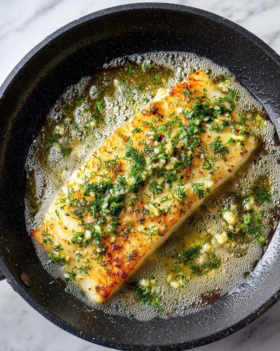 A large, flat white fish fillet is frying in a black pan, covered with melted butter and small chopped garlic pieces. The fish is sprinkled generously with fresh green dill, adding a bright pop of color against the light golden fillet. Around the fish in the pan, there are foaming bubbles from the cooking butter, creating texture and shine. The pan sits on a white marbled surface, enhancing the clean and fresh look of the scene. photo taken with an iphone --ar 4:5 --v 7
