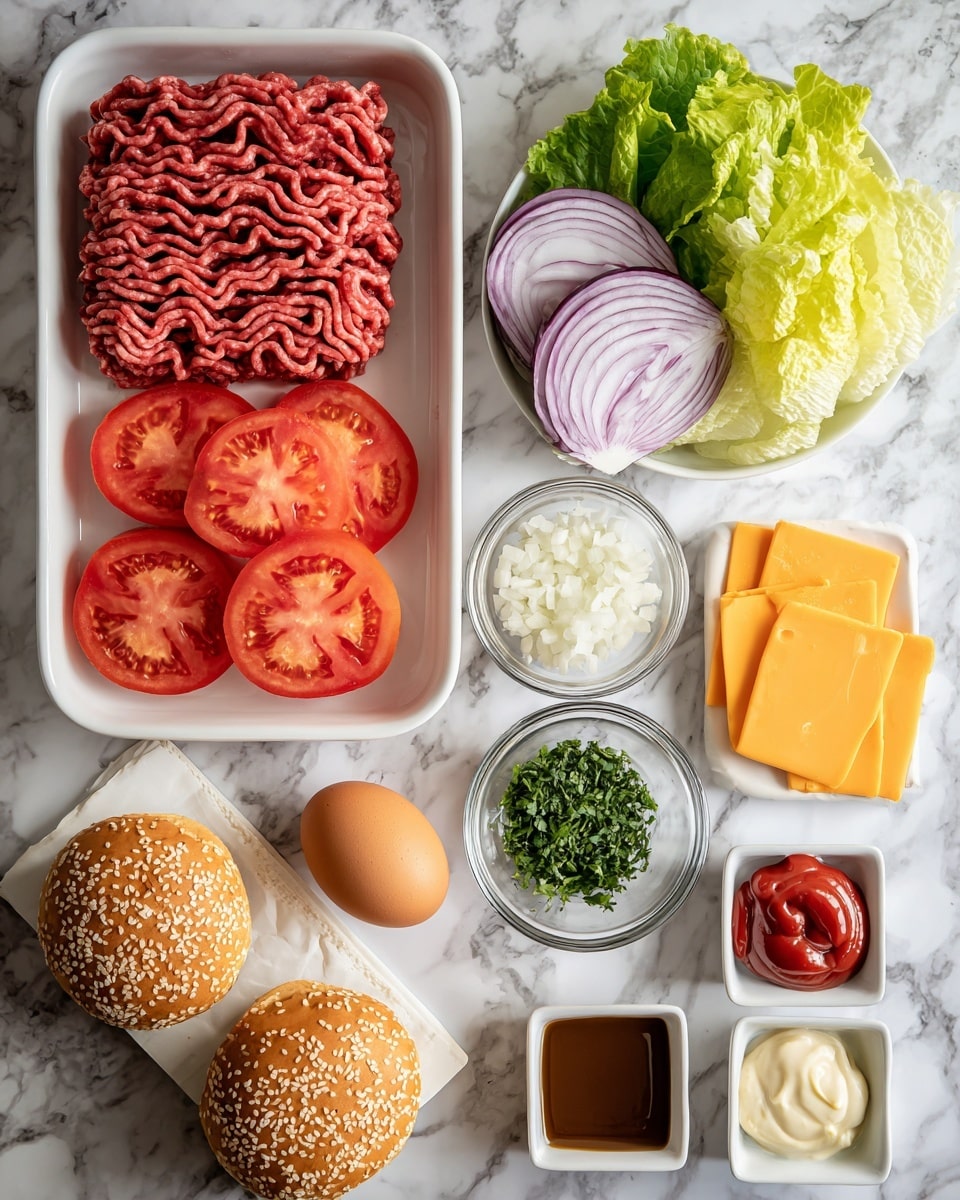The image shows ingredients for making burgers laid out on a white marbled surface. There is a white tray with raw ground meat shaped in tight, wavy rows on the left. Next to it, a rectangular white plate holds bright red tomato slices in a neat row on the left, fresh green lettuce leaves on the top right, thick round purple onion slices below the lettuce, and two orange-yellow marbled cheese slices on the far right. Below these, a small clear glass bowl contains finely chopped green herbs. Next to it are two small round glass bowls – one with a dark brown liquid and one with a mix of salt, pepper, and a light brown spice. A whole brown egg sits nearby. At the bottom right, a small white square dish holds three dollops of condiments: red ketchup, grainy yellow mustard, and white mayonnaise. Two burger buns with sesame seeds are at the bottom left corner. Photo taken with an iphone --ar 4:5 --v 7