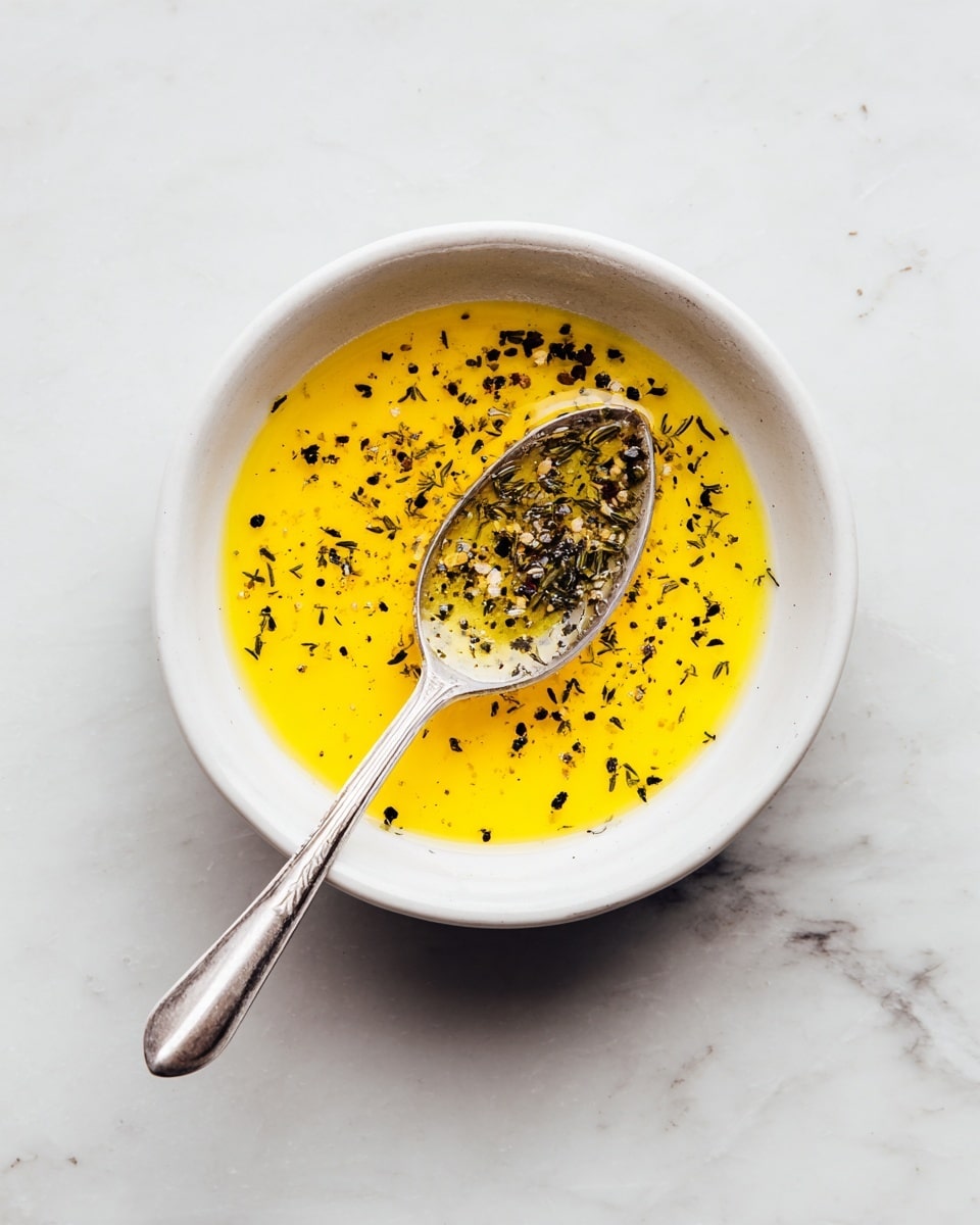A white bowl holds a yellow liquid mixed with black pepper and small herbs, giving the liquid a speckled look. In the bowl, a silver spoon lies resting with some of the yellow liquid and black specks on it. The bowl sits on a white marbled surface with soft gray veins, creating a clean and bright backdrop. photo taken with an iphone --ar 4:5 --v 7