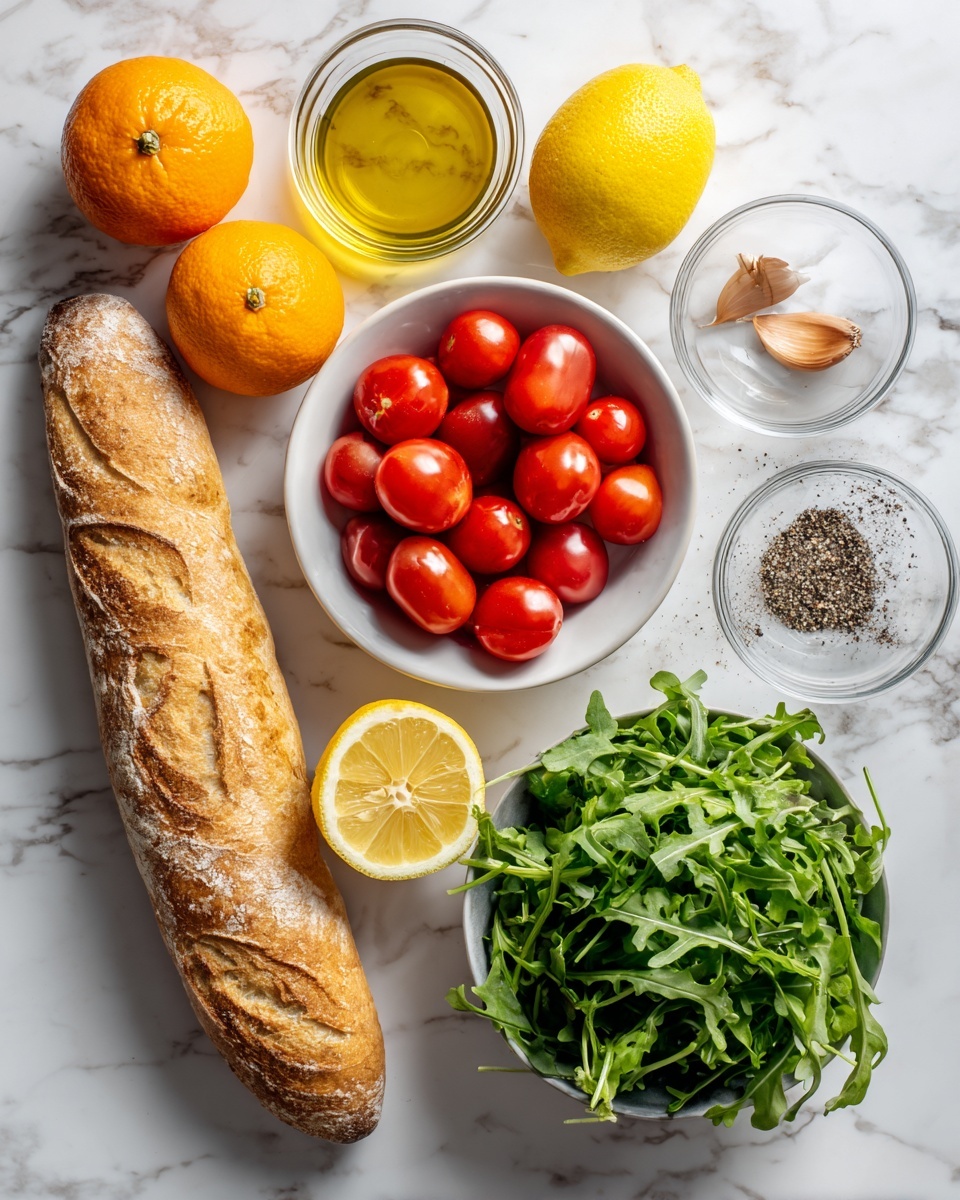 The image shows fresh ingredients placed on a white marbled surface, including a long golden-brown baguette with a crusty texture at the bottom left, a bowl filled with bright red cherry tomatoes at the top center, and a white bowl of fresh green arugula leaves at the bottom right. There is a small glass bowl of golden olive oil near the center, a halved yellow lemon with visible pulp near the middle right, a small whole shallot with its papery skin above the lemon, two whole oranges with smooth orange skin on the left side, and a small clear bowl containing black pepper and white salt at the top right. Photo taken with an iphone --ar 4:5 --v 7