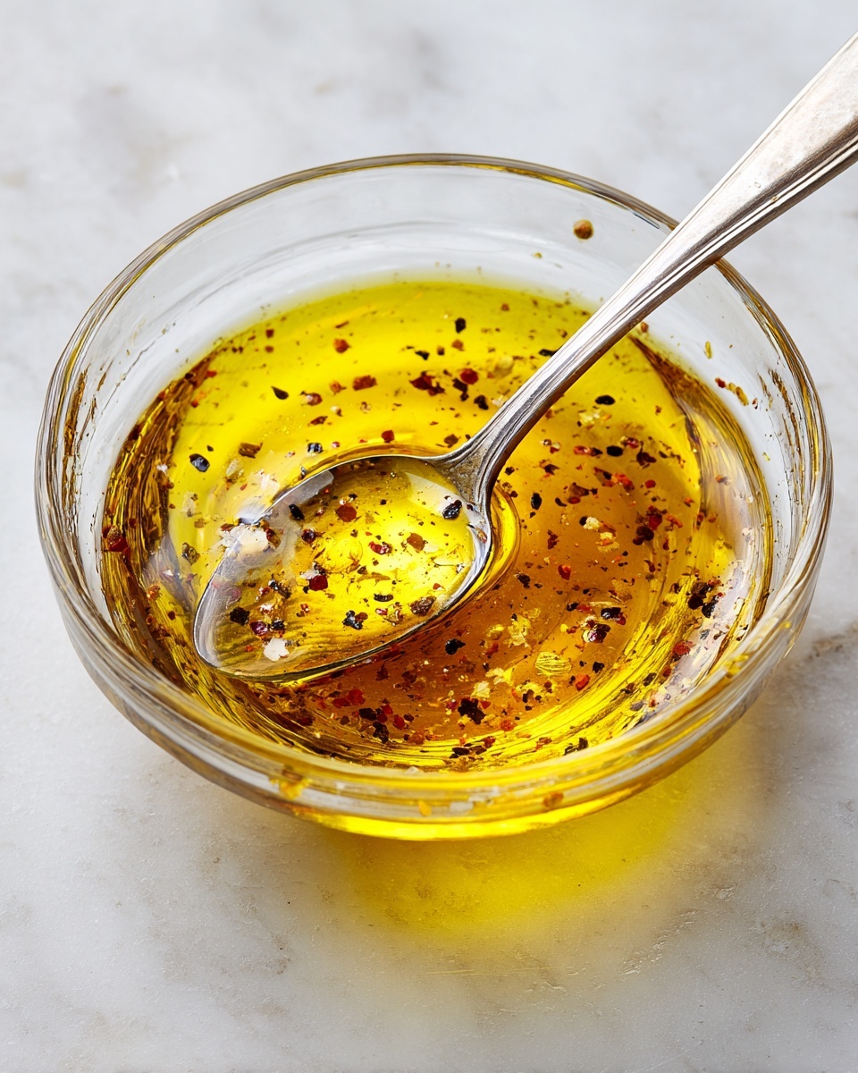 A clear glass bowl sits on a white marbled surface, holding a shiny golden-yellow oil mixed with small black pepper flakes, creating a speckled texture within the liquid. A silver spoon rests inside the bowl, its bowl part dipped and covered with the oil mixture while the handle extends outwards to the right. The light reflects softly off the oil and spoon, highlighting the smooth, oily texture and the tiny seasoning bits floating inside. photo taken with an iphone --ar 4:5 --v 7