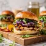 Best Grilled Chicken Sandwich with Peaches, Red Onions, and Hot Honey Recipe