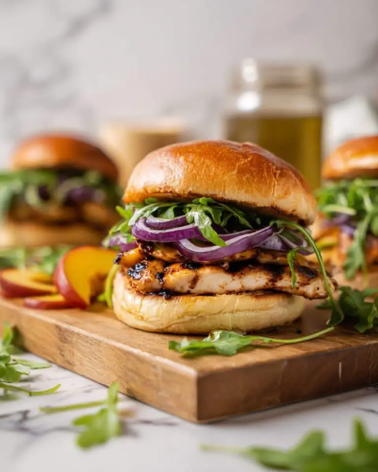 Best Grilled Chicken Sandwich with Peaches, Red Onions, and Hot Honey Recipe
