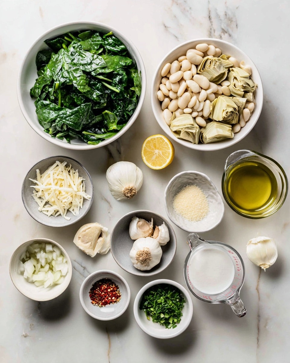 The image shows various ingredients neatly arranged on a white marbled surface. There is a large white bowl filled with fresh chopped spinach on the left, next to a smaller white bowl containing artichoke pieces. In front, a big white bowl holds white beans. Around these bowls are small white and gray dishes with different ingredients: shredded cheese, chopped shallots, minced garlic, grated Parmesan, chopped parsley, salt, red pepper flakes, olive oil, lemon juice, a small dollop of yogurt in a measuring cup, and a glass measuring cup filled with broth. Everything is organized and ready for cooking, photographed with soft natural light, photo taken with an iphone --ar 4:5 --v 7
