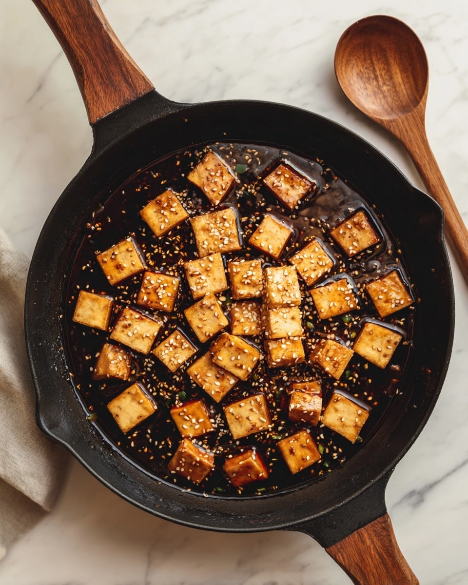 A black cast iron pan filled with a dark brown sauce with visible small sesame seeds and spices spread evenly at the bottom, topped with a layer of golden brown fried tofu cubes stacked randomly in the center. The pan is placed on a white marbled textured surface with a wooden spoon lying to the right side. photo taken with an iphone --ar 4:5 --v 7