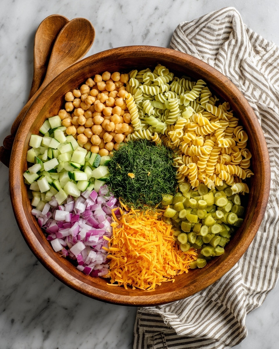 A large wooden bowl sits on a white marbled surface filled with seven distinct layers of ingredients arranged side by side. Starting from the upper left, there is a layer of light yellow chickpeas, next to them are small cubed light green cucumber pieces. Below the cucumber, there are spiral pale yellow pasta pieces. On the lower right side, there are diced green pickles. To the left of the pickles, finely chopped red onion is placed above a layer of light green diced celery. Above the onions and celery, shredded bright orange cheese is seen, and in the center, a pile of finely chopped dark green dill herbs fills the middle of the bowl. Two wooden serving spoons with white handles lie on the left side, and a striped dish towel rests on the right side, all on the white marbled surface. photo taken with an iphone --ar 4:5 --v 7