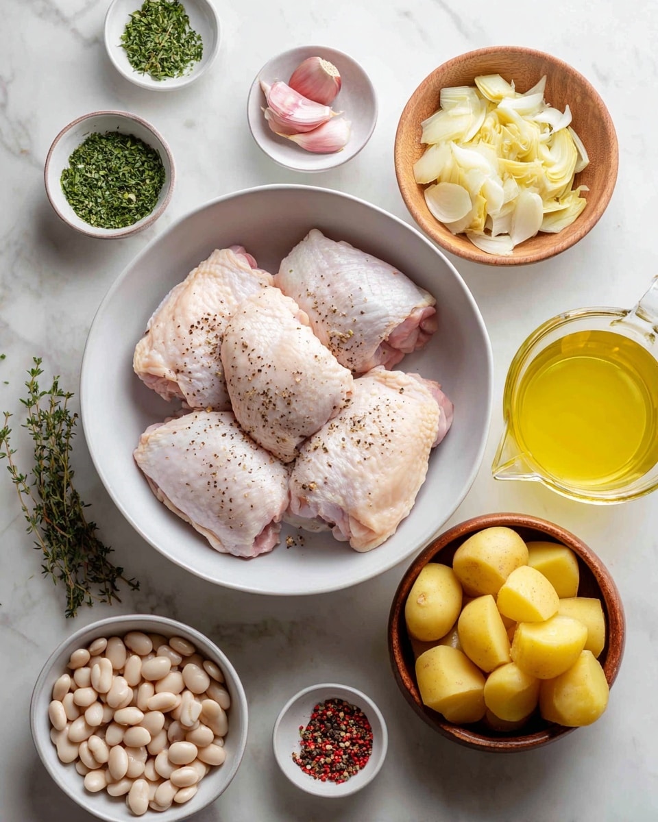 The image shows a white bowl in the center with five raw chicken thighs seasoned with salt and pepper, their skin pale pink with black specks. Surrounding this bowl are smaller white bowls and wooden bowls arranged on a white marbled surface. To the top left, a small white bowl holds chopped green herbs, next to a wooden bowl with light pink sliced shallots. Above the chicken bowl is a white bowl filled with finely chopped garlic, while to the right, a white bowl contains pale yellow artichoke hearts. There is a small white bowl with yellow olive oil and a clear glass measuring cup with light golden broth to the far right. Below the chicken, a white bowl is filled with white beans, and next to it, a wooden bowl contains quartered yellow potatoes. Small white dishes with lemon slices, thyme sprigs, black pepper, salt, and red pepper flakes are positioned around, all set on the white marbled surface. Photo taken with an iphone --ar 4:5 --v 7