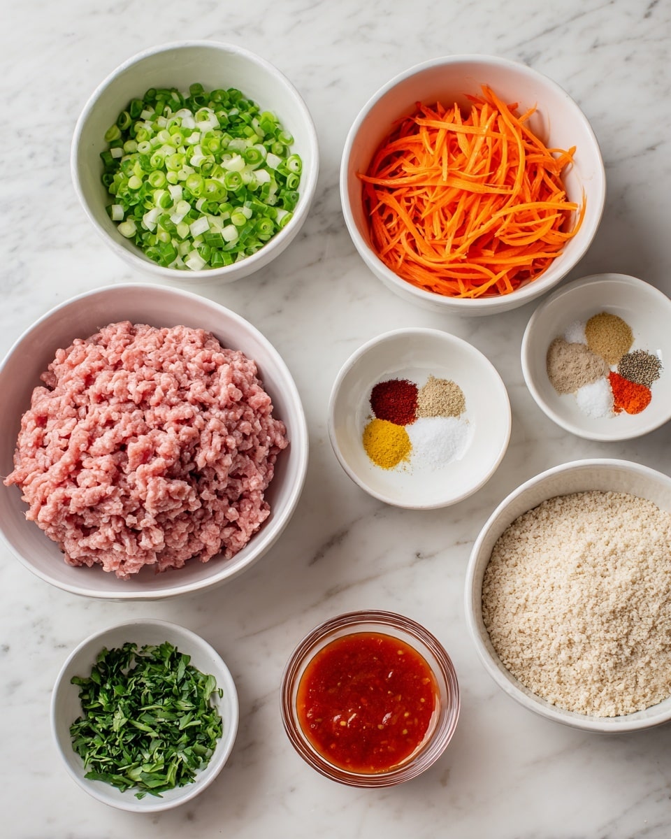 A white bowl in the center holds light pink ground meat with a soft, fresh texture. Surrounding it are six smaller white bowls and jars placed on a white marbled surface: at top left, a bowl filled with chopped green onions, rich in dark and bright green shades; below it, a bowl with shredded bright orange carrots; at top center, a bowl divided into five sections with white salt, red paprika, yellow garlic powder, black pepper, and beige onion powder; at top right, a bowl of finely chopped fresh green herbs; at bottom right, a glass bowl full of light beige breadcrumbs; and at bottom center, a small jar with bright orange-red sauce. photo taken with an iphone --ar 4:5 --v 7