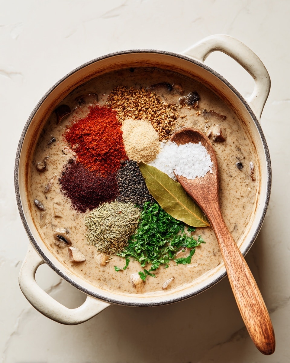A white pot filled with a thick light brown mixture containing small pieces of cooked mushrooms in the base layer. On top, there are distinct piles of seasonings: a bright red powder, a mound of black pepper, a small heap of white salt on a wooden spoon, chopped green herbs, and a single whole dried bay leaf, all floating on the surface. The pot sits on a white marbled texture surface. Photo taken with an iphone --ar 4:5 --v 7