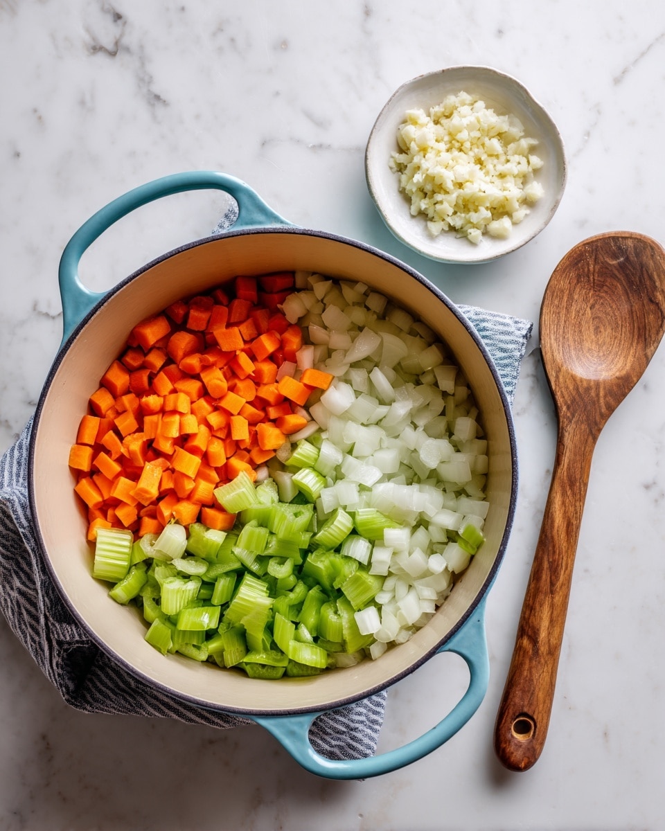 A light blue pot with light turquoise handles sits on a white marbled surface. Inside the pot, there are three layers of chopped vegetables: a base layer of small white onion pieces, a middle layer of bright orange carrot cubes, and a top layer of fresh green celery slices. To the upper right of the pot, on the white marbled surface, there is a small white bowl filled with finely chopped garlic. Next to the pot, on the lower right side, lies a wooden spoon with a natural wood grain texture. photo taken with an iphone --ar 4:5 --v 7