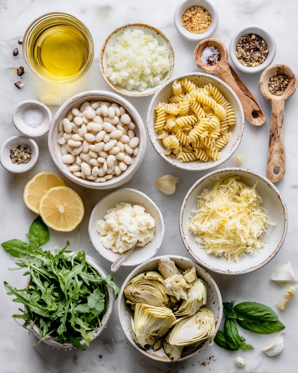 Several white bowls filled with different ingredients are arranged on a white marbled surface. There is a bowl with white beans, a bowl with uncooked spiral pasta in pale yellow, and a bowl with artichoke hearts. Near these are smaller bowls filled with finely grated white cheese, a pale yellow mustard, chopped shallots in white with a touch of purple, and grated lemon zest in light yellow. There are also fresh arugula leaves in a white bowl with a brown rim, two lemon halves with pale yellow flesh, a small glass container with golden olive oil, and a small white bowl with honey. Fresh green basil leaves are scattered around the bowls, and two wooden measuring spoons with salt and chili flakes sit on the top right. Photo taken with an iphone --ar 4:5 --v 7