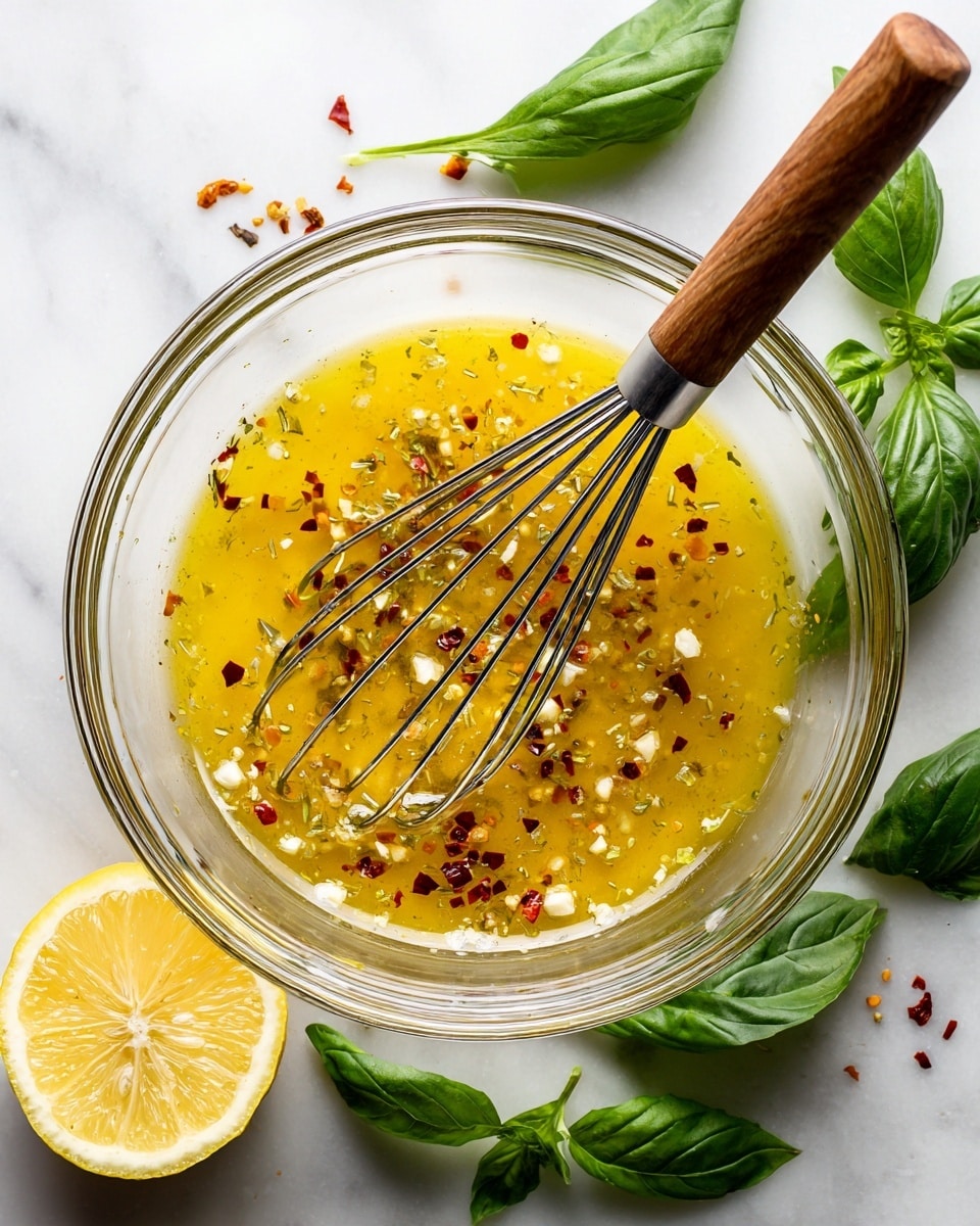 A clear glass bowl holds a yellow vinaigrette mixed with small pieces of white garlic and red chili flakes floating on the surface. A whisk with a wooden handle rests inside the bowl, partially immersed in the dressing. Around the bowl, fresh dark green basil leaves are placed, along with a lemon wedge showing its juicy inside on a white marbled surface. The image has a clean and fresh look, highlighting the vibrant colors and textures. photo taken with an iphone --ar 4:5 --v 7