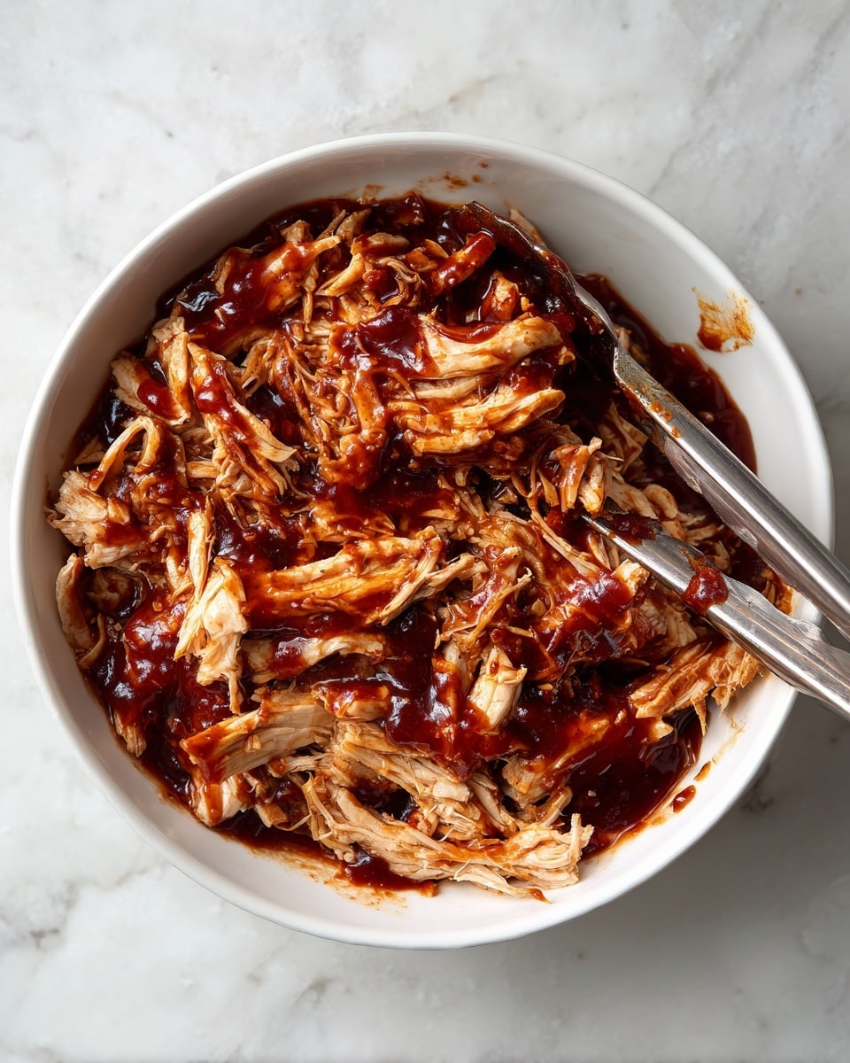 A shallow white bowl holds shredded light brown chicken meat mixed with thick dark reddish-brown barbecue sauce, creating a glossy and textured look. Metal tongs rest inside the bowl, partially covered in sauce, with their handles extending out towards the right side of the image. The bowl sits on a white marbled surface. photo taken with an iphone --ar 4:5 --v 7