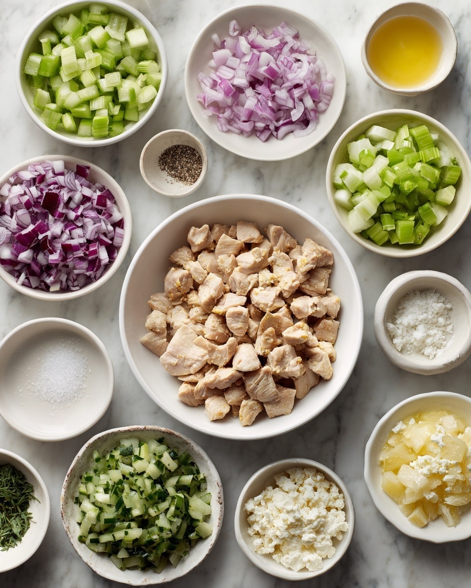 The image shows multiple small white bowls arranged neatly on a white marbled surface, each filled with different chopped ingredients for a dish. In the center, there is a larger white bowl filled with chopped light brown chicken pieces. Surrounding it are bowls with bright green chopped celery and cucumber, chopped dark green herbs, finely diced purple onions, pale yellow minced garlic, creamy white yogurt, crumbled white cheese, and light yellow liquid, likely lemon juice. There are also small white dishes with white salt and ground black pepper. Each bowl is clean and the ingredients are fresh with clear colors and textures. Photo taken with an iphone --ar 4:5 --v 7