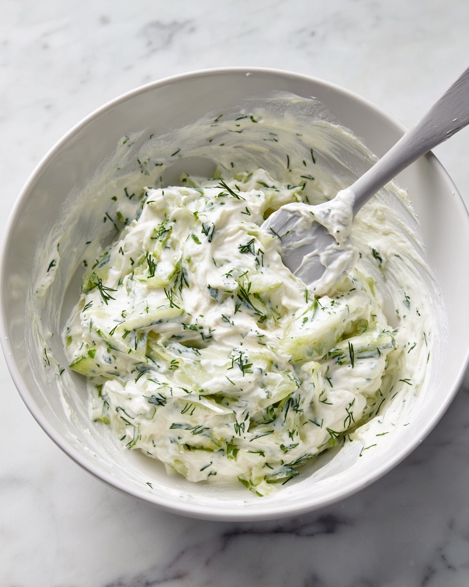 A white bowl holds a creamy mixture with three main layers blended together: a thick white yogurt base dotted with small green flecks of herbs, pale green strips of cucumber spread throughout, and fine, bright green dill mixed evenly on top and in the yogurt. The texture is soft and smooth with visible small chunks of cucumber. A pale gray spatula rests inside the bowl, partially covered with the mixture, showing some streaks of the sauce. The bowl is placed on a white marbled surface. Photo taken with an iphone --ar 4:5 --v 7