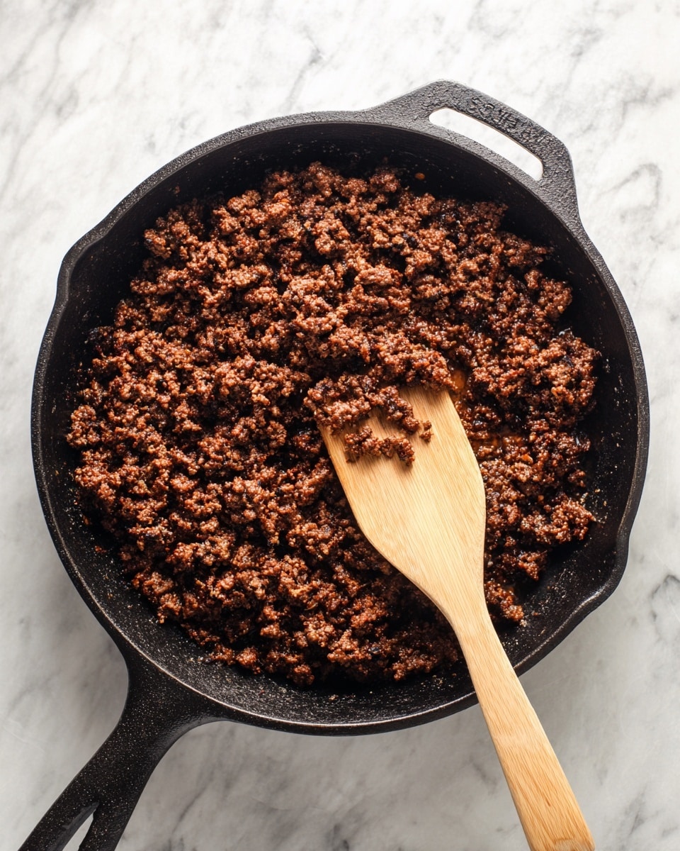 A black cast iron pan filled with cooked ground beef, browned and crumbly, covering most of the pan except a small area on the right where some of the pan surface is visible. A light brown wooden spatula is resting inside the pan, partially lifting some of the beef in the center-right. The pan is placed on a white marbled surface. photo taken with an iphone --ar 4:5 --v 7
