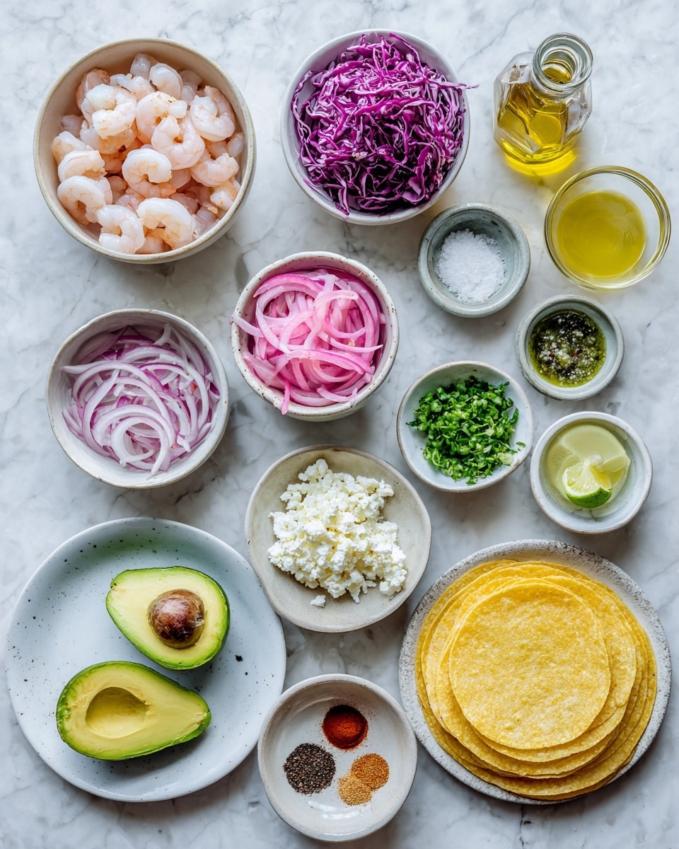 A top-down view of many small white bowls and a white plate arranged on a white marbled surface, each holding different ingredients: one bowl with peeled, raw shrimp in the center; a bowl beside it with thin shredded purple cabbage; a small bowl with bright pink pickled onions; a bowl of crumbled white cheese; a bowl with salt; and a bowl with green chopped herbs. A white plate holds two avocado halves and one whole avocado, showing smooth green flesh and a large brown seed. Another small bowl contains green lime zest, and a bowl with a creamy light green sauce is near the top. A small bowl of yellow liquid and a white plate with three stacked yellow corn tortillas are in the lower right. On the side, there's a plate with various powdered spices including red, brown, white, and black colors. A clear glass bottle with yellow oil stands upright on the right side. Photo taken with an iphone --ar 4:5 --v 7