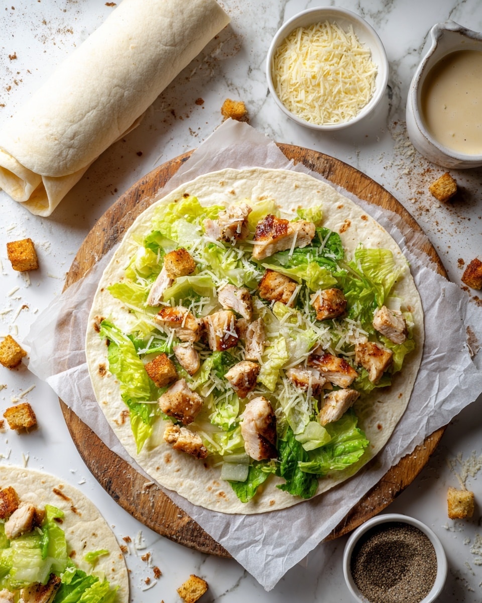 A white tortilla lies flat in the center on white parchment paper, topped with a mix of chopped light green and darker green lettuce, grilled light brown chicken pieces, and small toasted brown croutons. To the left is a rolled-up white tortilla, and around the flat one are small white ceramic bowls containing finely grated cheese in the top left, creamy beige dressing in the top right, and ground black pepper in the bottom right. The scene is set on a rustic wooden board over a white marbled surface, with a few croutons scattered nearby. photo taken with an iphone --ar 4:5 --v 7