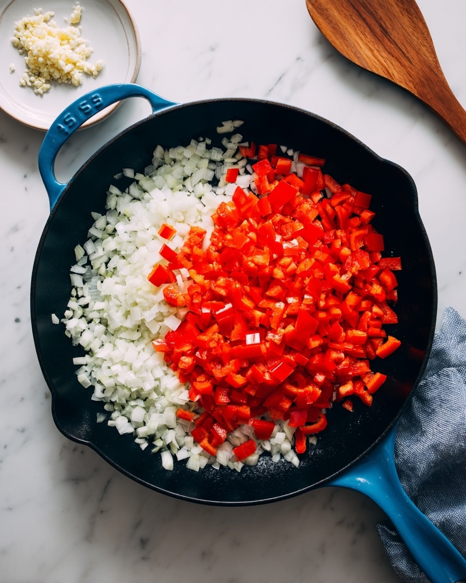 A black skillet with a blue handle sits on a white marbled surface. Inside the skillet, there are two layers of chopped vegetables: the bottom layer is white diced onions spread out widely, while the top layer is bright red diced bell peppers gathered mostly in the center. To the left on the white marbled surface, there is a small white plate with finely chopped garlic. A wooden spatula is partially visible on the right side of the image. photo taken with an iphone --ar 4:5 --v 7