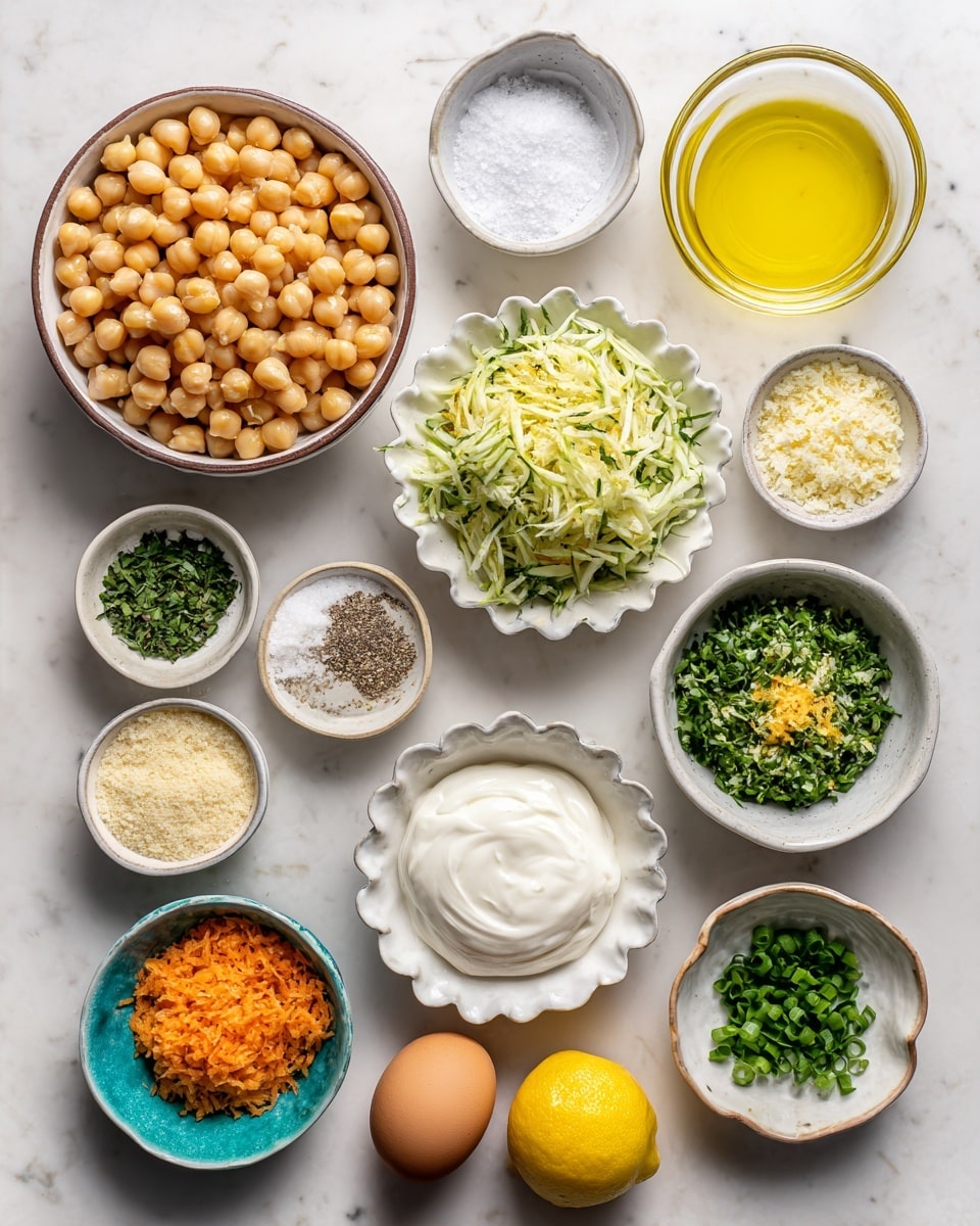The image shows fifteen bowls and items arranged neatly on a white marbled surface, each containing different ingredients for cooking. The largest bowl, placed on the left, is filled with round, beige chickpeas. Above it, a small white bowl contains salt flakes. At the top center, a white bowl holds shredded pale green zucchini, and next to it, a glass cup has bright yellow olive oil. To the right, a scalloped white bowl contains finely chopped green herbs mixed with small bits of white garlic and yellow lemon peel. Below that, a plain white bowl is filled with smooth white yogurt. Near the bottom right, a single whole brown egg sits beside a lemon sliced into two halves, revealing bright yellow flesh. In the center, smaller bowls hold finely shredded white cheese, white flour, chopped green parsley, more chopped green herbs, and panko breadcrumbs. At the bottom left, two small white bowls contain mixed white salt and black pepper with a light tan spice, and thinly sliced green onions. A turquoise bowl in the bottom middle holds vibrant orange shredded carrots. The arrangement forms a clean, colorful presentation of ingredients, all on a white marbled surface. photo taken with an iphone --ar 4:5 --v 7
