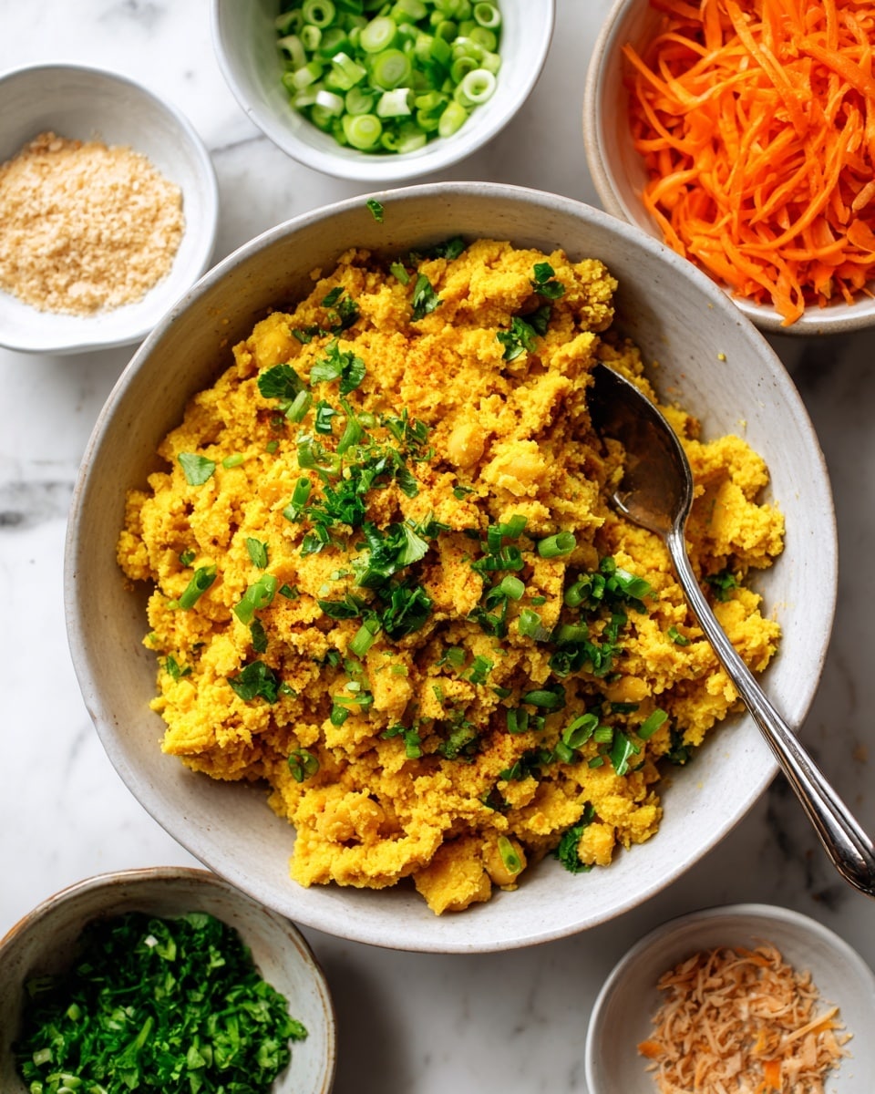 A large white bowl filled with mashed yellow chickpeas that have a soft, crumbly texture, with a silver spoon resting inside. Around the bowl are smaller white bowls holding finely chopped fresh green parsley, sliced green onions, and light beige breadcrumbs, as well as one white bowl filled with shredded bright orange carrots. The bowls sit on a white marbled surface. photo taken with an iphone --ar 4:5 --v 7