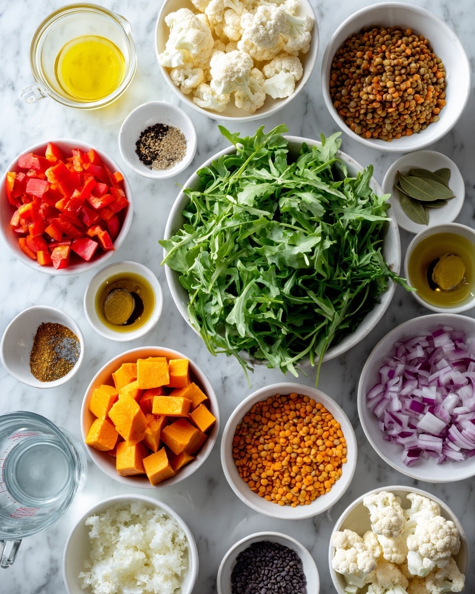 The image shows a top view of many small white plates and bowls on a white marbled surface, each holding different ingredients separated neatly. In the center, there is a large white bowl filled with fresh green leafy arugula. Surrounding it clockwise, there are white bowls with light cream cauliflower florets, bright orange cubed sweet potatoes, chopped red bell peppers, and large slices of purple onion. Nearby are smaller plates and bowls holding minced garlic, a bay leaf, ground spices with salt and pepper, dark soy sauce, yellow mustard, light yellow vinegar, yellow olive oil, cooked lentils, and some crumbled cheese. A clear glass measuring cup with water is placed near the bottom left corner. The arrangement is clean and well-organized with natural lighting. Photo taken with an iphone --ar 4:5 --v 7