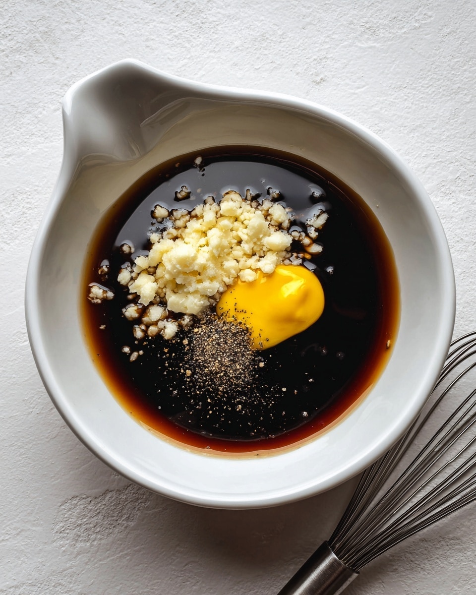 A white bowl with a small pouring spout contains a dark brown liquid base, likely soy sauce, topped with small pieces of chopped garlic scattered mainly on one side. There is a dollop of bright yellow mustard near the center, and a sprinkle of black pepper powder sits right above it. The bowl rests on a white marbled surface, and a metal whisk lies next to it on the right side. The lighting highlights the shiny surface of the liquid, making the colors stand out clearly. Photo taken with an iphone --ar 4:5 --v 7
