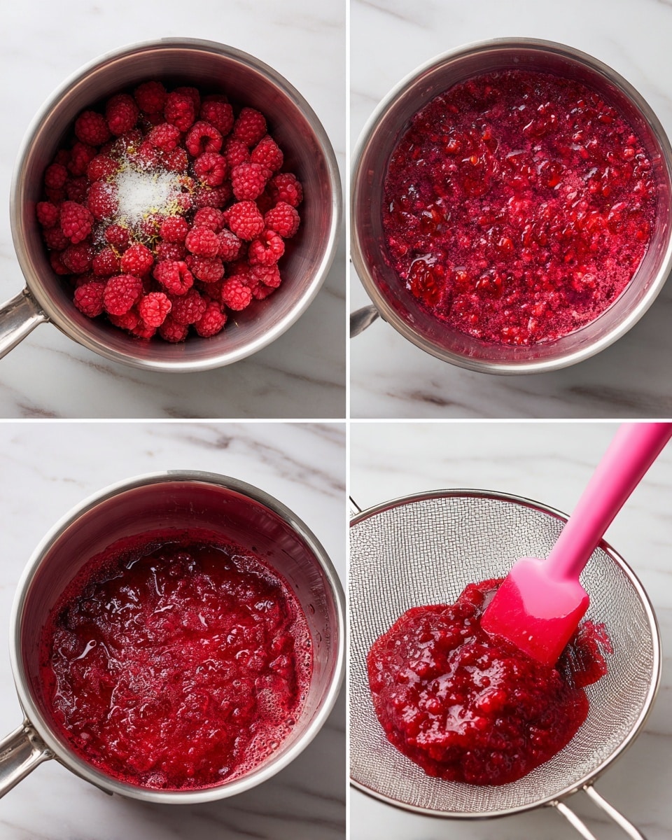 The image shows a three-step process of cooking raspberries. The first frame has a stainless steel pot filled with fresh red raspberries, white sugar, and lemon zest on top, all placed on a white marbled surface. The second frame shows the raspberries boiling and breaking down in the pot with a bubbly texture and bright red color. The last frame shows a fine mesh strainer holding mashed raspberry pulp with a pink spatula resting in it, the rich red mixture looking thick and pulpy, again on the white marbled surface. Photo taken with an iphone --ar 4:5 --v 7