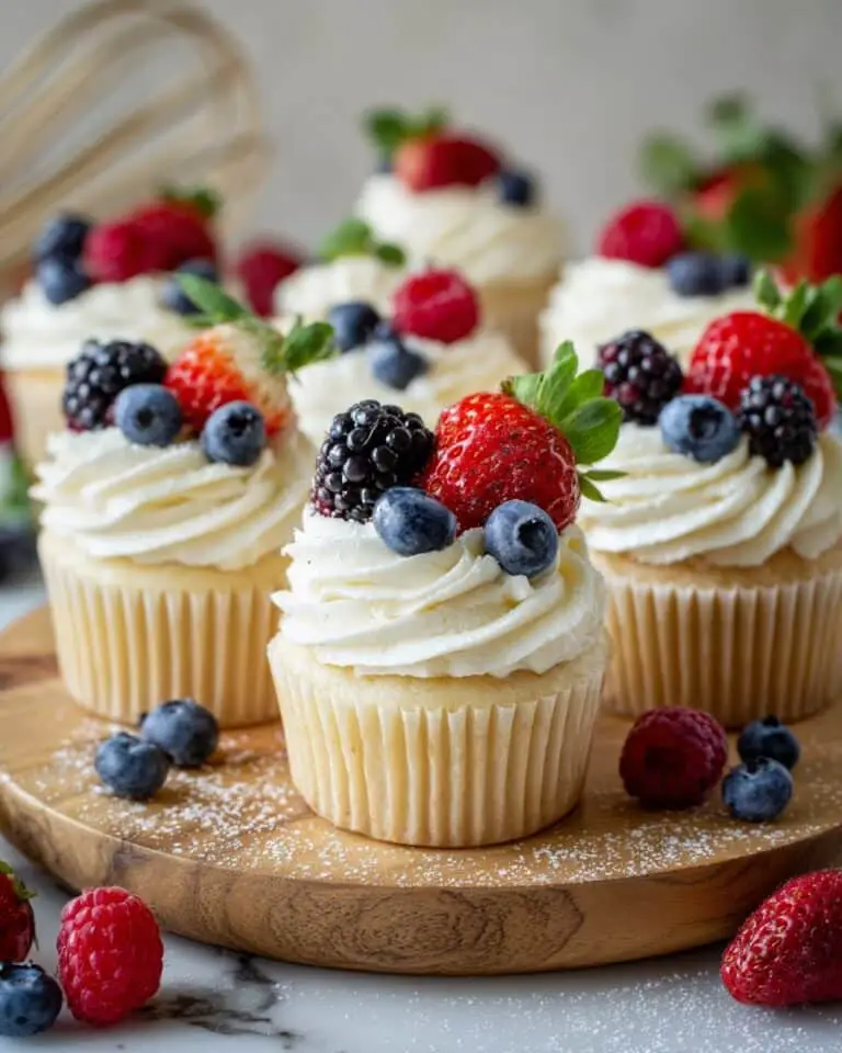 Angel Food Cake Cupcakes with Cream Cheese Whipped Frosting and Fresh Berries Recipe