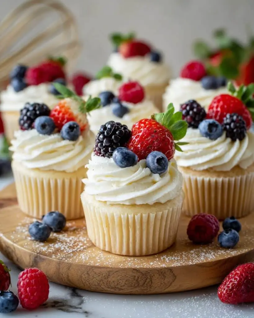 Angel Food Cake Cupcakes with Cream Cheese Whipped Frosting and Fresh Berries Recipe