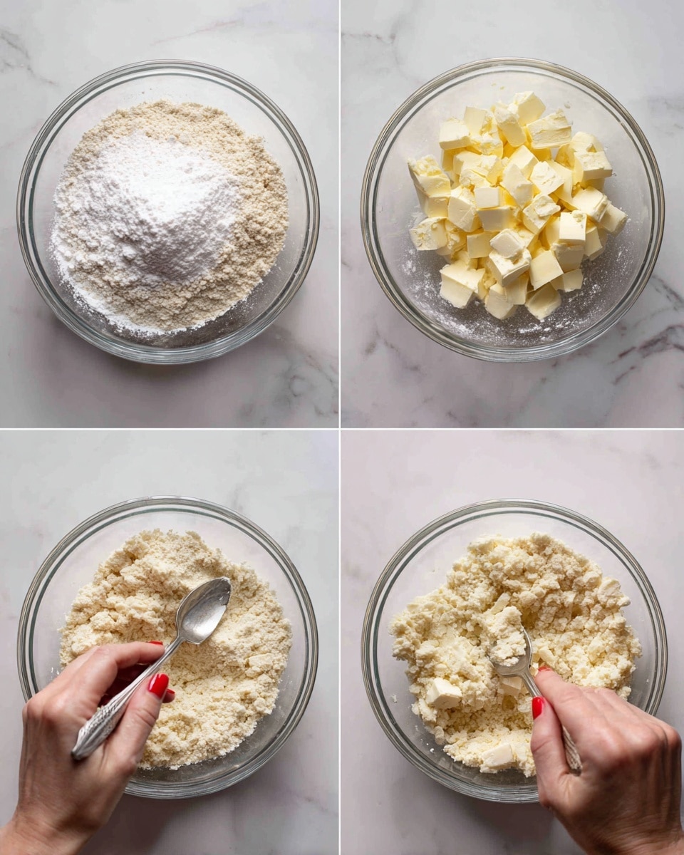 The image shows a sequence of four clear glass mixing bowls placed on a white marbled surface, each containing different stages of a dough mixture. The first bowl has two main layers: a smooth, fine beige flour layer at the bottom, and a fluffy white powdered sugar layer on top, both dry and untouched. The second bowl layer shows the same flour and powdered sugar base but now with several chunky, pale yellow butter pieces scattered loosely on top. In the third bowl, a woman's hand with red nail polish and a metal spoon are working to mix the layers, resulting in a rough crumbly texture combining flour, sugar, and butter, with uneven small and large chunks. The fourth bowl shows a finer, more uniform crumbly dough texture in pale yellow with the same woman's hand and spoon blending the mixture carefully. Photo taken with an iphone --ar 4:5 --v 7